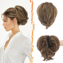 Human Hair Claw Clip Ponytail Extension Set with Messy Bun Hair Piece for Instant Volume Brown and Blonde