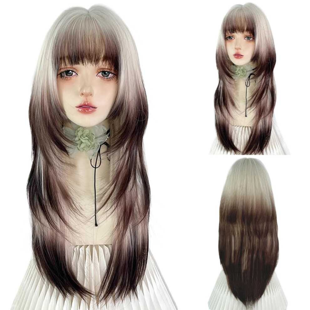 Unisex Cream,Brown Long Ombre Beige Brown Hime Cut Wig With Bangs For Women Cosplay Lolita Style Natural Ombre Color
