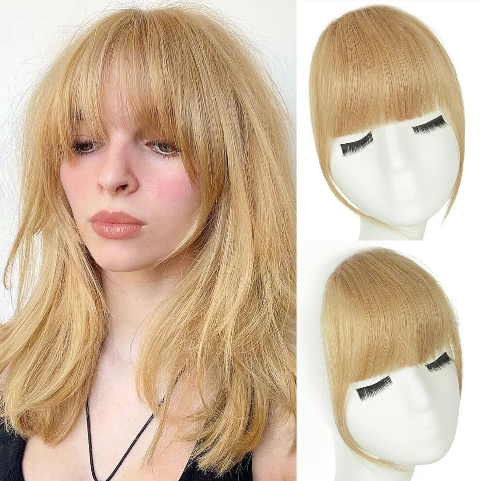 Unisex Medium Blonde Clip In Bangs Human Hair Fringe With Temples For Women Natural Looking Hairpiece