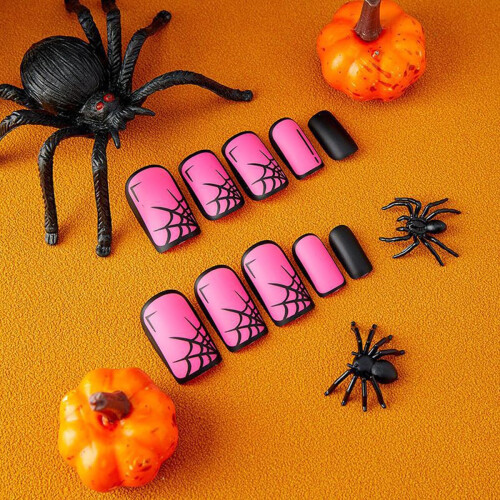 Halloween Press on Nails Pink Spider Web Fake Nails Medium Acrylic False Nails 24Pcs Reusable 2