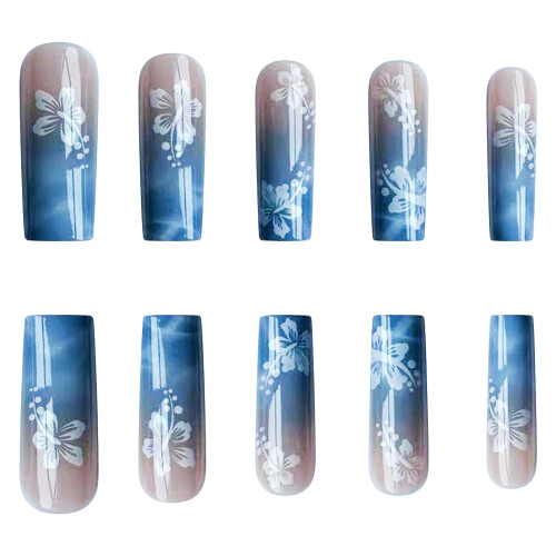 Extra Long Coffin Press On Nails Blue Pink Gradient Floral Acrylic Full Coverage 24pcs 1