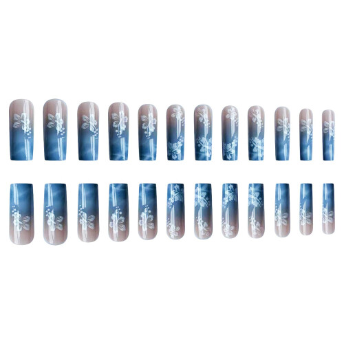 Extra Long Coffin Press On Nails Blue Pink Gradient Floral Acrylic Full Coverage 24pcs 2