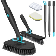 Shower Scrubber with Long Handle, 4 in 1 Tile and Tub Scrubber Brush with Detachable Heads and VShaped Grout Brush for Bathroom Cleaning, Black