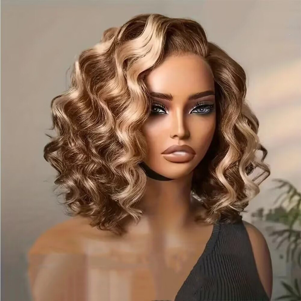 Unisex 13X6 Hd Lace Front Human Hair Bob Wig 12 Inch Highlight 4/27 Body Wave Glueless Brazilian Remy