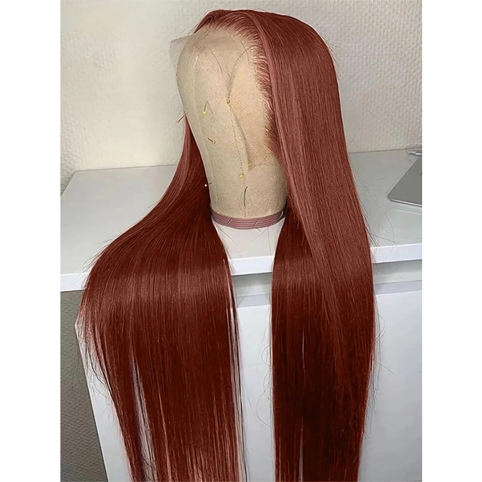 Unisex Brown Brazilian Straight Human Hair Lace Front Wig 28 Inch Reddish 13X4 Natural Hairline