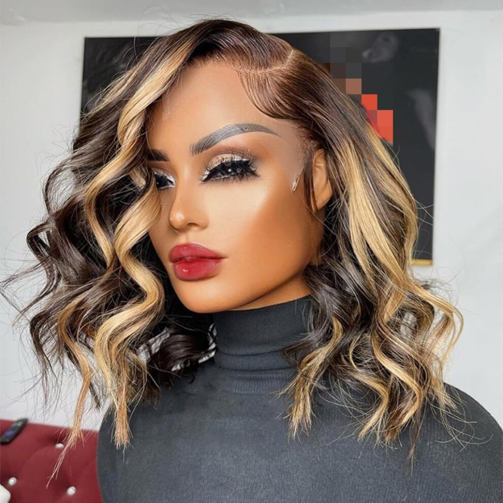 Unisex Highlight Bob Wig Human Hair 12 Inch P4/27 Ombre Hd Lace Front Glueless Pre Plucked 180 Density