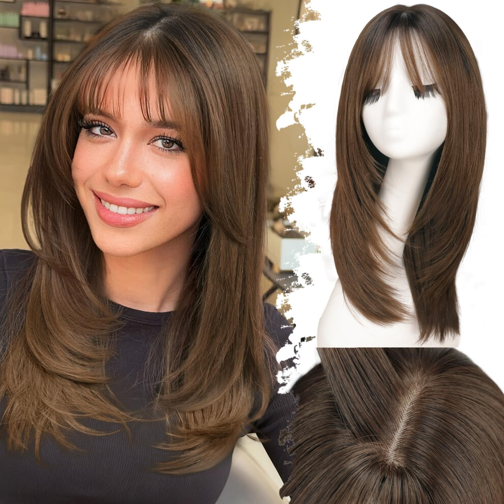 Unisex Brown Women's Synthetic Straight Wig With Bangs, Faceframing Layers, Realistic Scalp, Medium Length