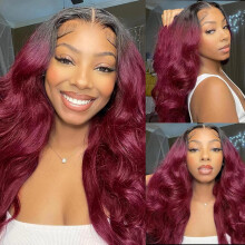 Ombre Burgundy 99J Body Wave Human Hair Lace Front Wig 200% Density 4x4 Glueless Natural Hairline