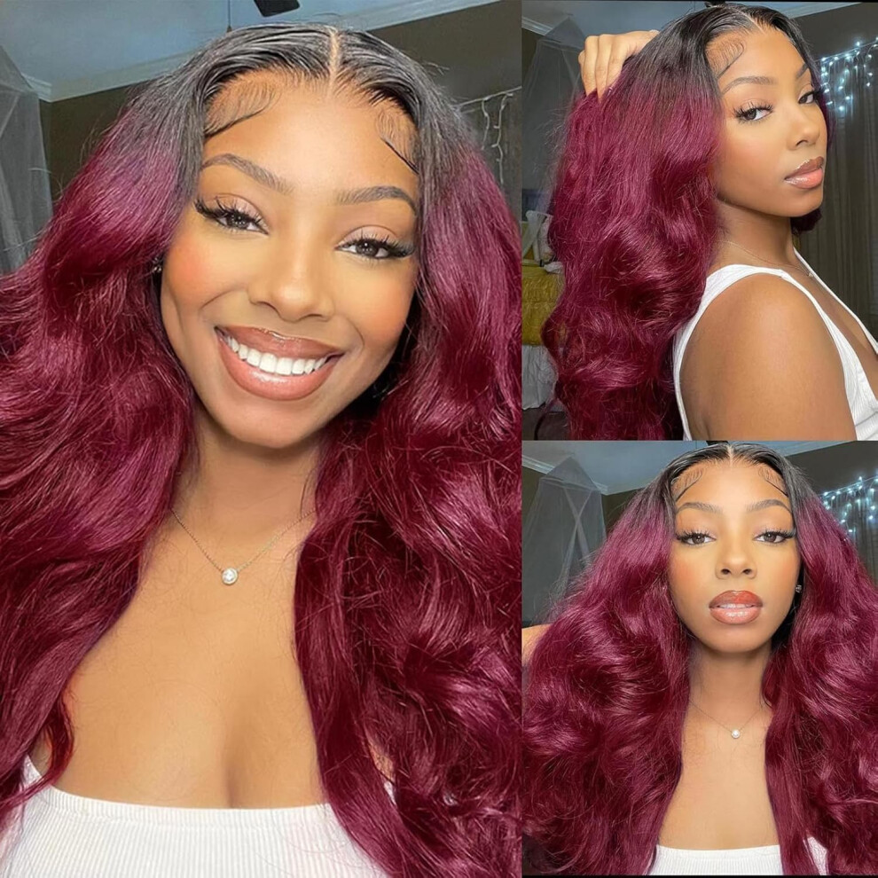 Unisex Red Ombre Burgundy 99J Body Wave Human Hair Lace Front Wig 200% Density 4X4 Glueless Natural Hairline