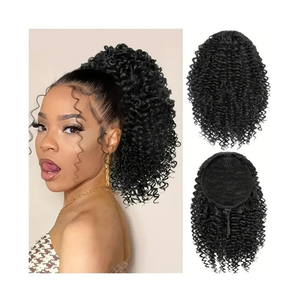 Unisex Black Kinky Curly Ponytail Extension 12 Inch Human Hair With Secure Drawstring For Women