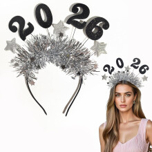 2026 Year Party Headband with Glitter Stars and Sequin Tassels, Silver Celebration Tiara