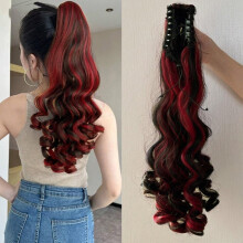 26 Inch Wavy Clip In Ponytail Extension with Secure Claw Clip, Red and Brown Synthetic Hairpiece