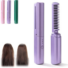 Cordless Ceramic Hair Straightening Comb 2in1 Styler with 3 Heat Settings Frizz Purple 2PCS