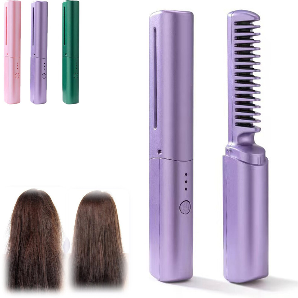 Purple Cordless Ceramic Hair Straightening Comb 2In1 Styler With 3 Heat Settings Frizz 2Pcs