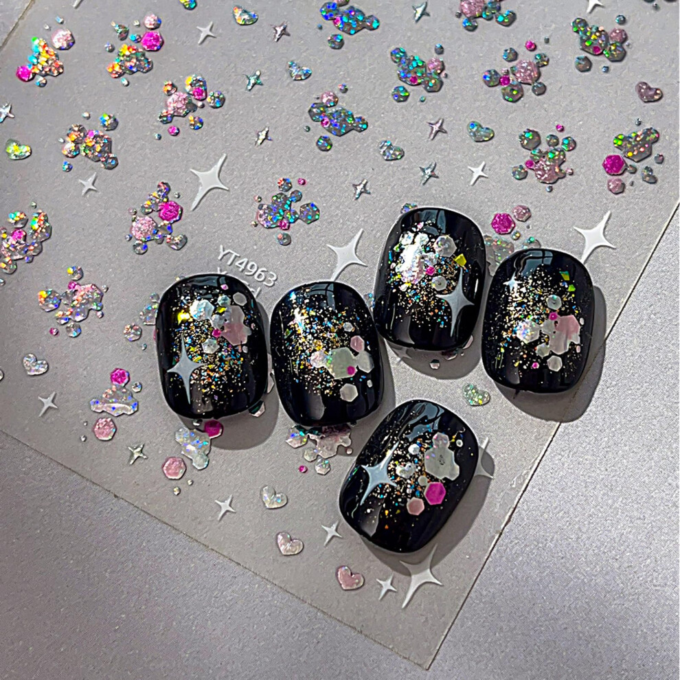 SelfAdhesive Glitter Nail Art Stickers with Star and Heart Decals for DIY Manicure and Press On Nails (1 Sheet)