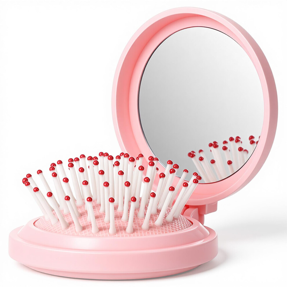 Pink Travel Hair Brush With Builtin Mirror, Foldable Compact Cushion Pocket Comb For Wet And Dry Hair,