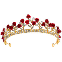 Wedding Tiara with Red Roses and Rhinestones Bridal Crown for Prom, Pageant and Special Occasions
