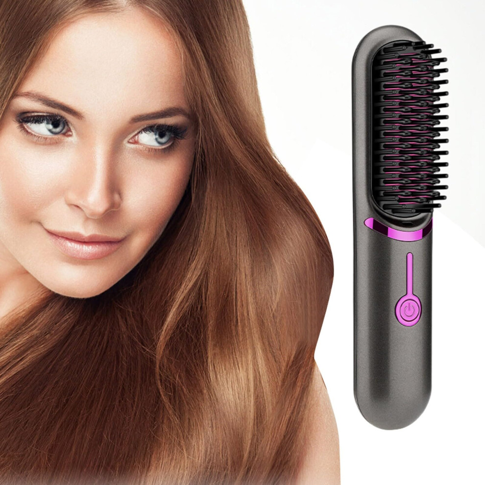 Black Cordless Hair Straightener Brush With Led Display, Mini Ceramic Comb For Short Hair, Fast Heatup, Frizz Control, Rechargeable,