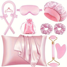 Heatless Curling Rod Headband Styling Kit with Silk Ribbon Rollers, Sleep Mask and Hair Bonnet (Pink)