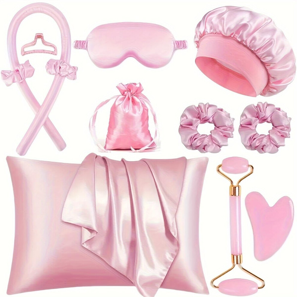 Pink Heatless Curling Rod Headband Styling Kit With Silk Ribbon Rollers, Sleep Mask And Hair Bonnet (Pink)