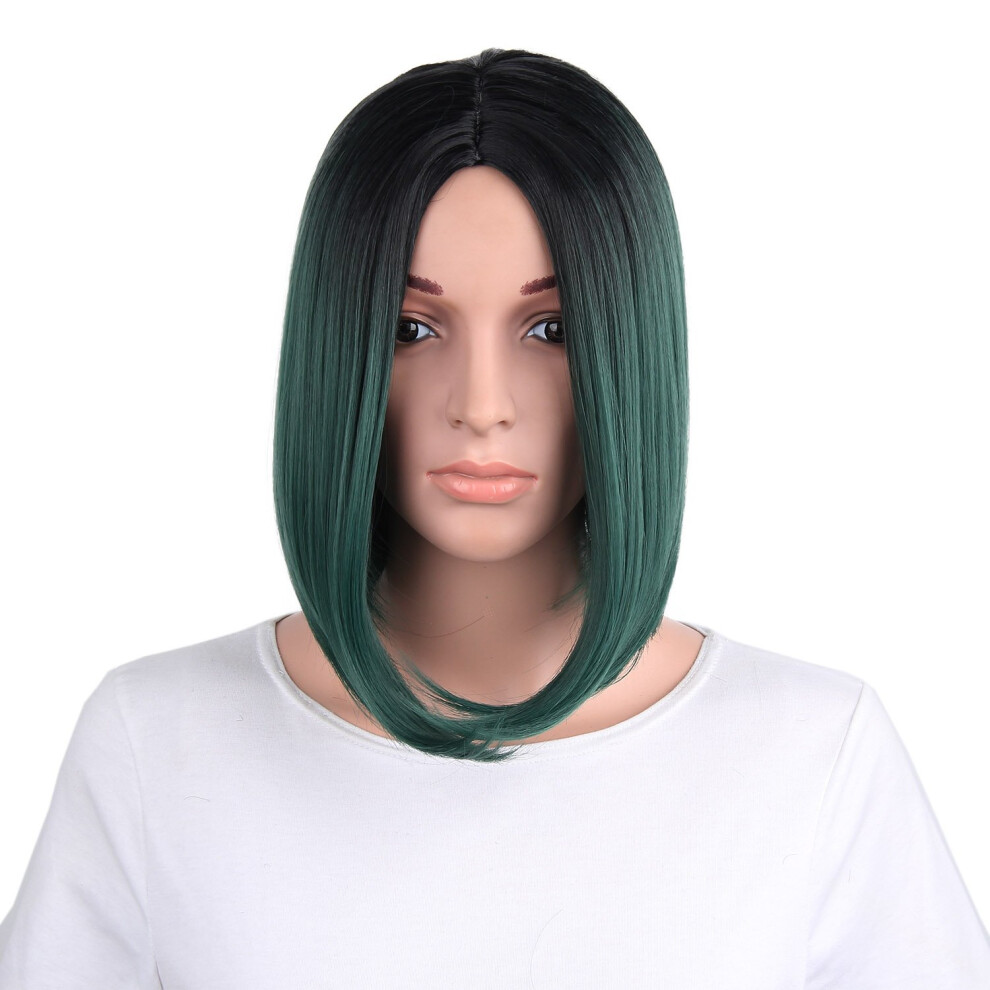 Unisex Black Short Bob Ombre Wig With Roots, Glueless Heat Resistant Synthetic Hair For Women