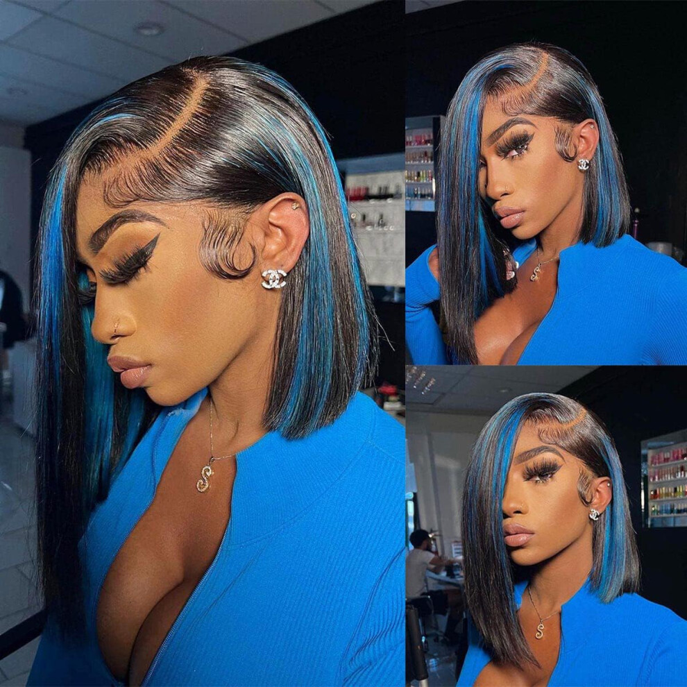 Human Hair Lace Front Bob Wig 10 Inch Black and Blue Highlights 13x4 Straight Realistic Hairline