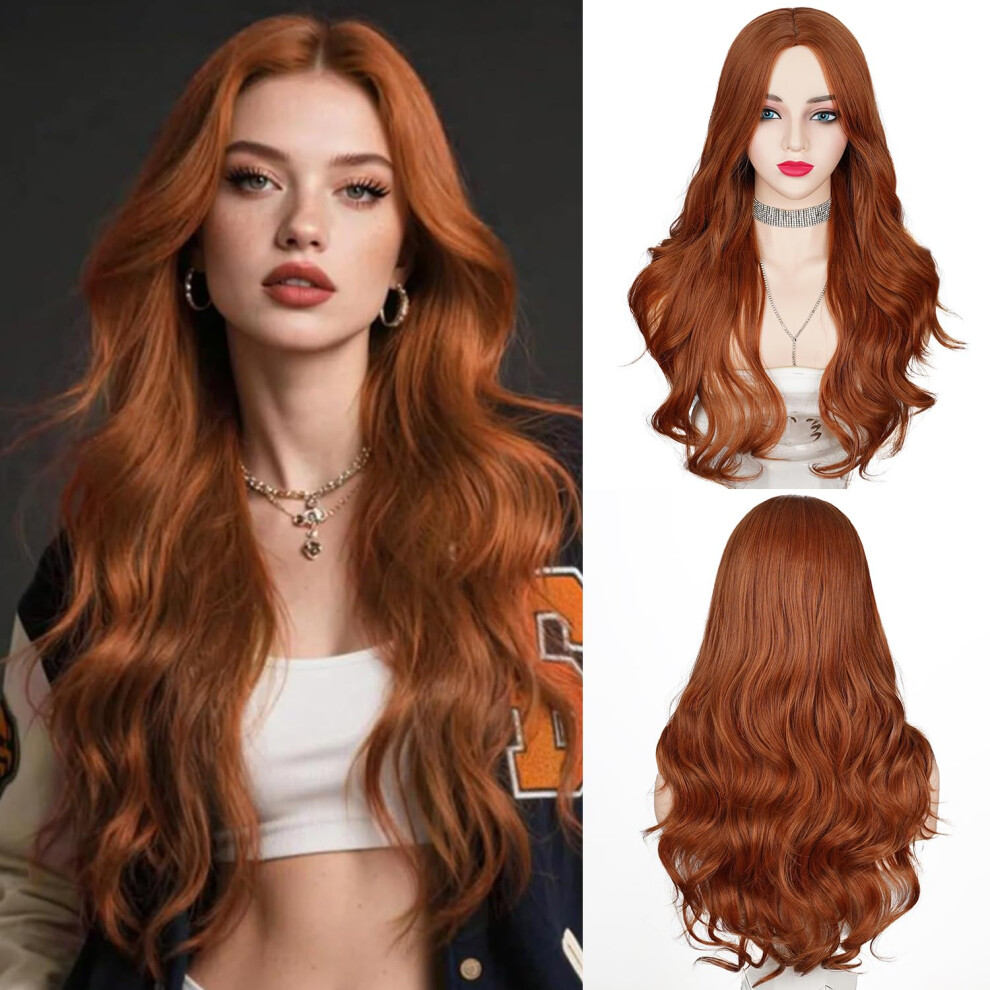 Orange Long Wavy Wig 28 Inch Heat Resistant Synthetic Hair with Natural Soft Waves for Women