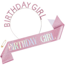 Birthday Girl Sash and Rhinestone Crown Headband Set, Iridescent Pink Party Accessory for Women
