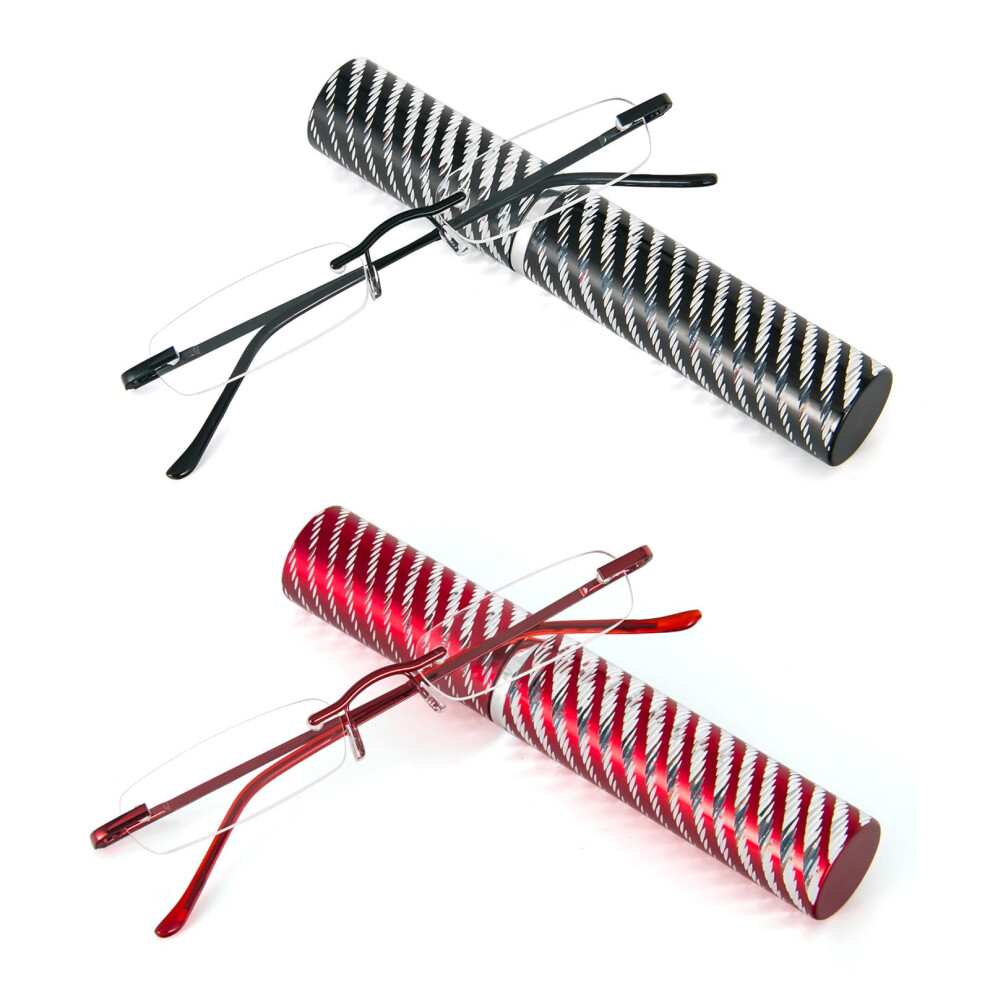 Black/Red 3.0X Pocket Reading Glasses For Men And Women, Compact Metal Readers With Case, And