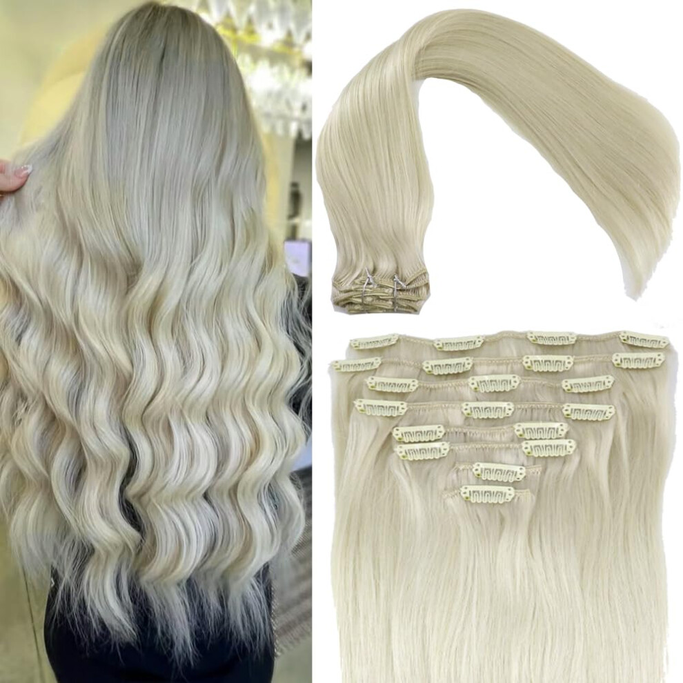 Unisex 20 Inch Remy Human Hair Extensions Ice Blonde Clip In With Double Weft Thick Ends Seamless Weft
