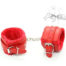 Red Fluffy Handcuffs with Chain Set, Soft Fuzzy Comfort, Adjustable Dual Use for Adults Couples