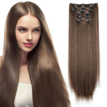 24 Inch Brown Clip In Hair Extensions Seamless Invisible Straight Heat Resistant Synthetic