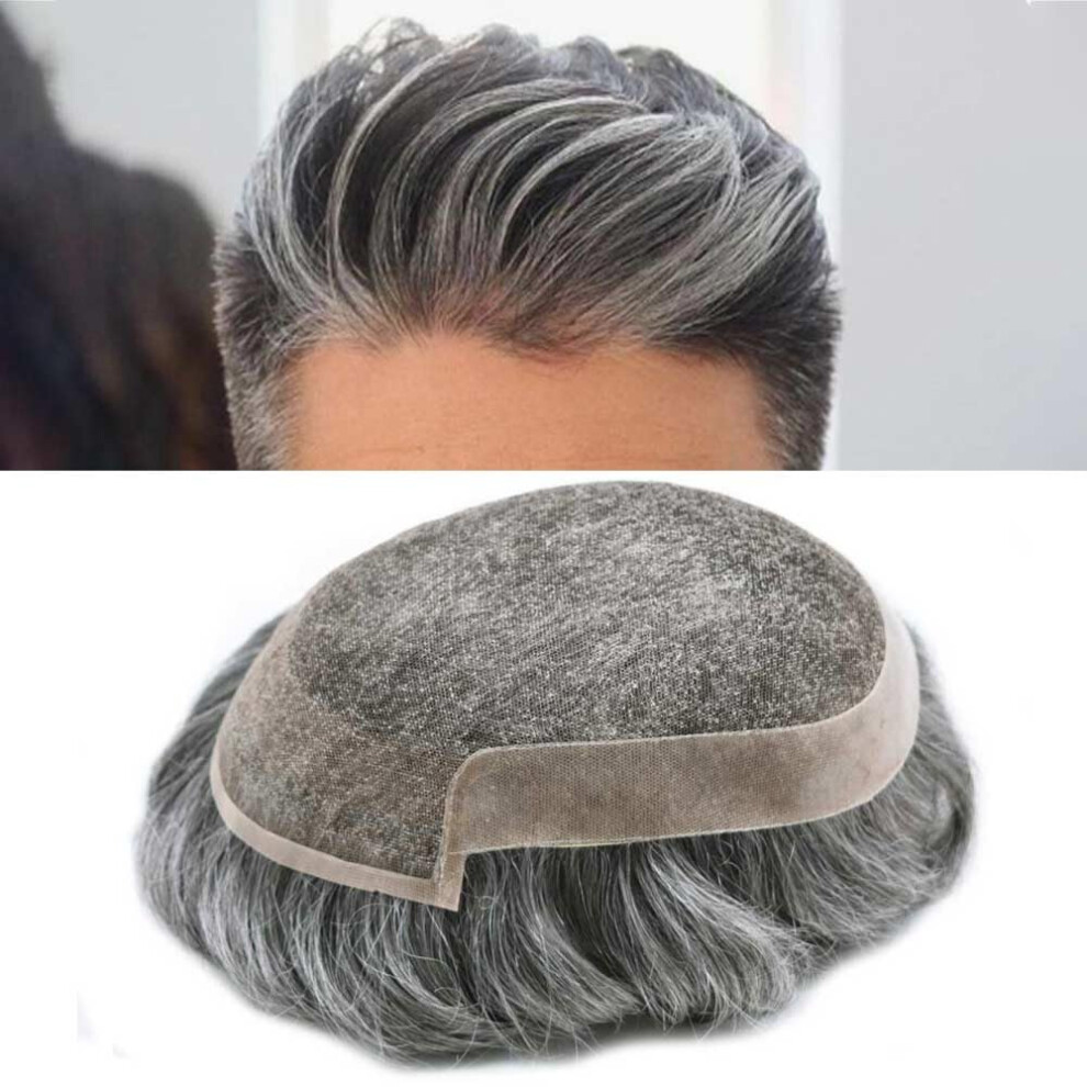 Men's Toupee 100% Human Hair Swiss Lace 6x8 Off Black Grey Natural Hairline Light Density