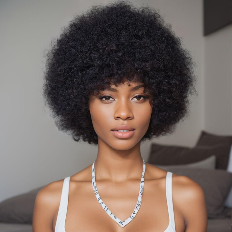 Unisex Black Afro Kinky Curly Wig Human Hair 10 Inch Glueless Short Large Bouncy Natural Volume For Women