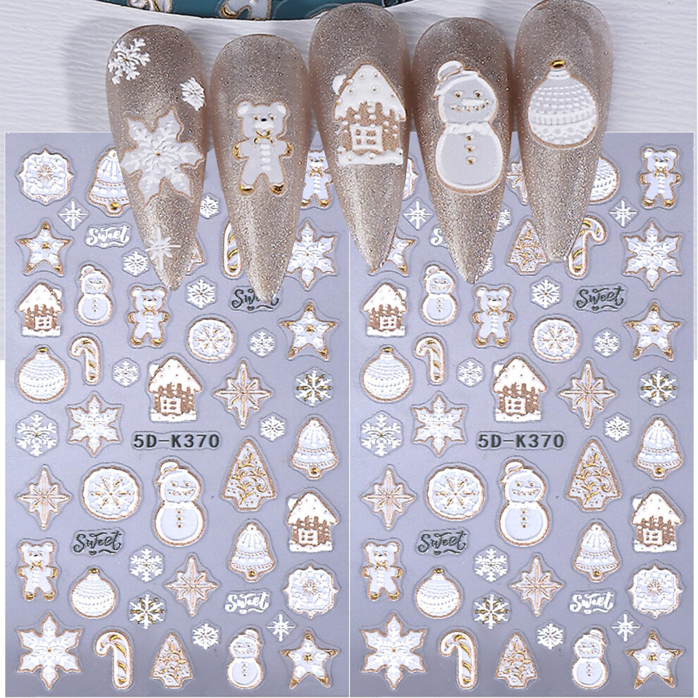 Christmas Nail Stickers 5D Embossed Snowflake and Snowman Self Adhesive Nail Art Decals 2PCS