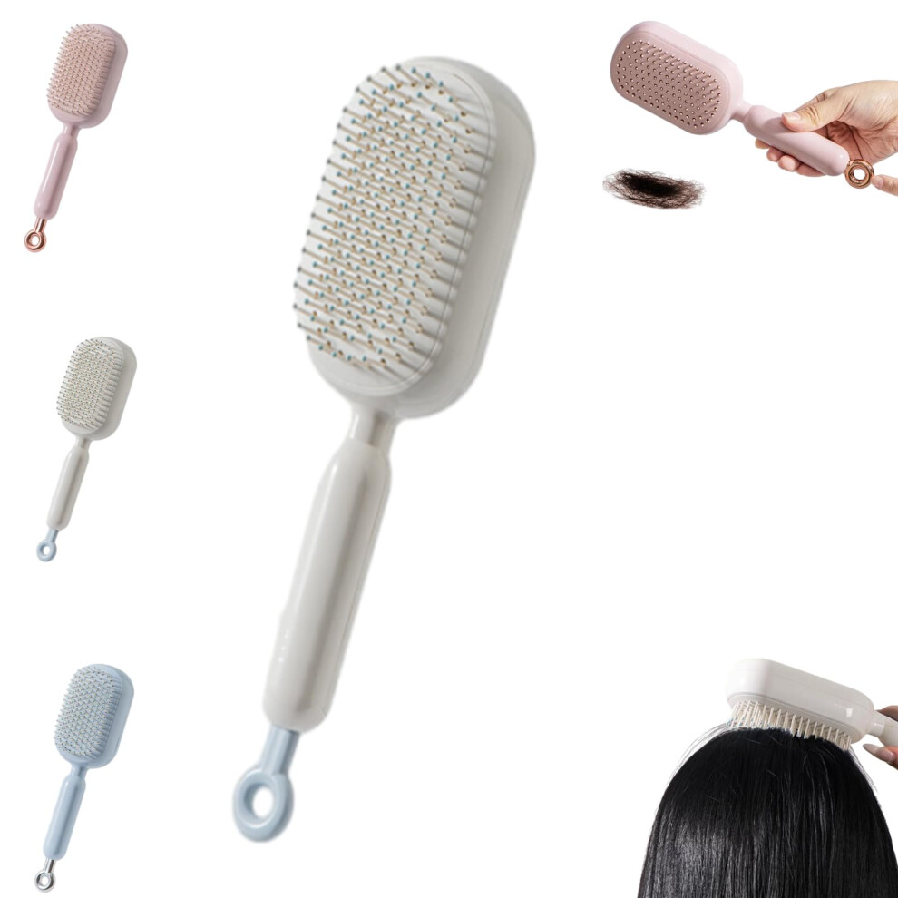 Unisex White Selfcleaning Detangling Hair Brush With Gentle Scalp Massage, Antistatic For Wet And Dry Hair,