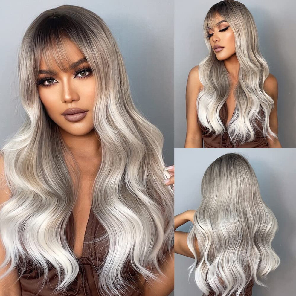 26 Inch Ombre Gray Human Hair Wig Long Layered Wavy with Bangs Heat Resistant for Women