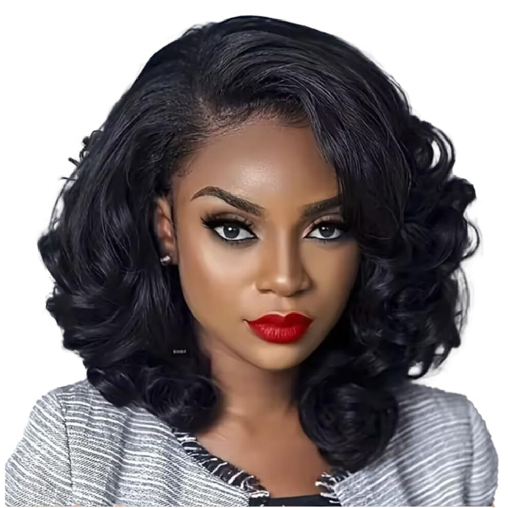 Unisex Black 12 Inch Hd Swiss Lace Front Human Hair Wig, Jet Egg Curly Short Bob, Invisible Full Lace