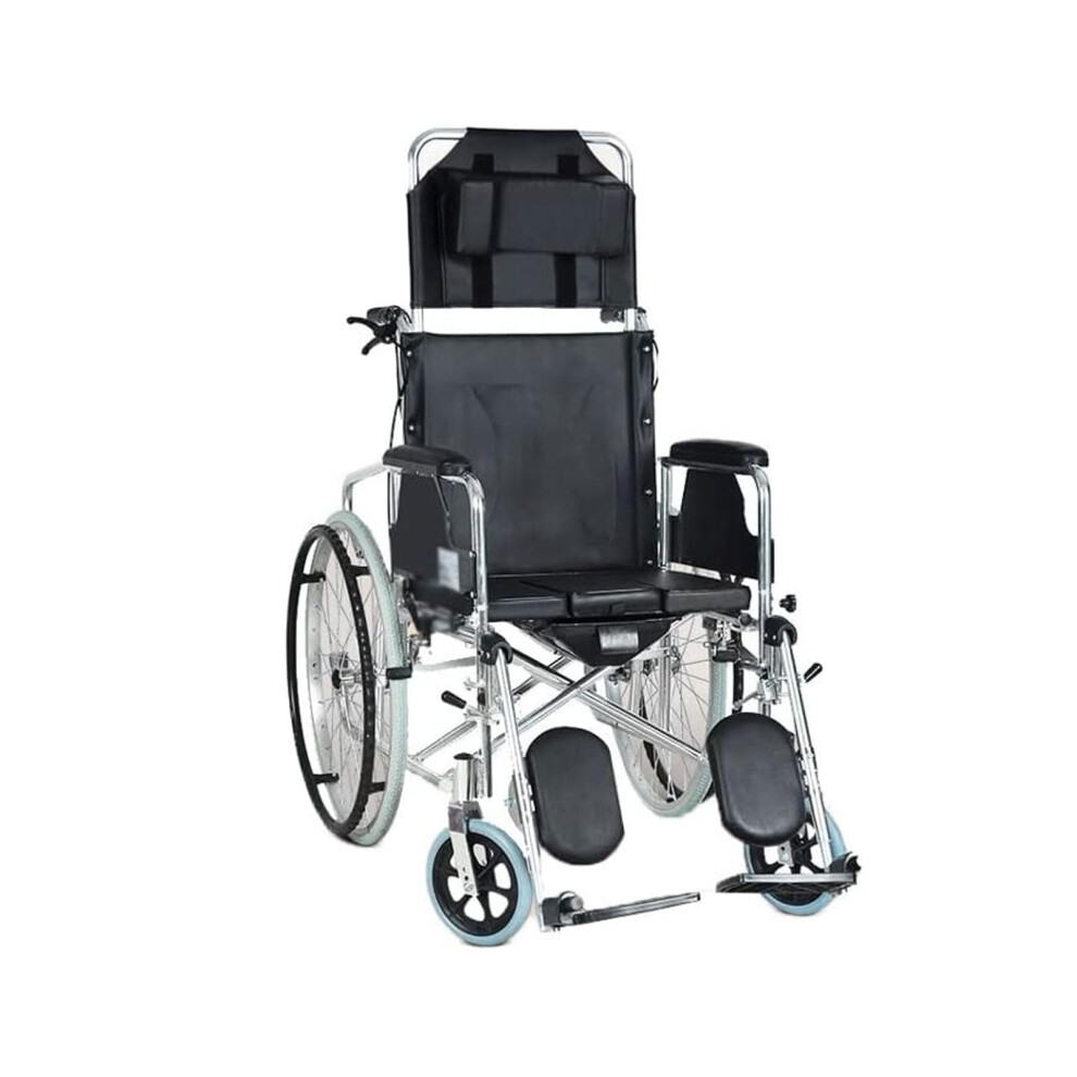 Lightweight Folding Reclining Wheelchair for Elderly with Commode, FlipUp Armrests and Full Recline Adjustment