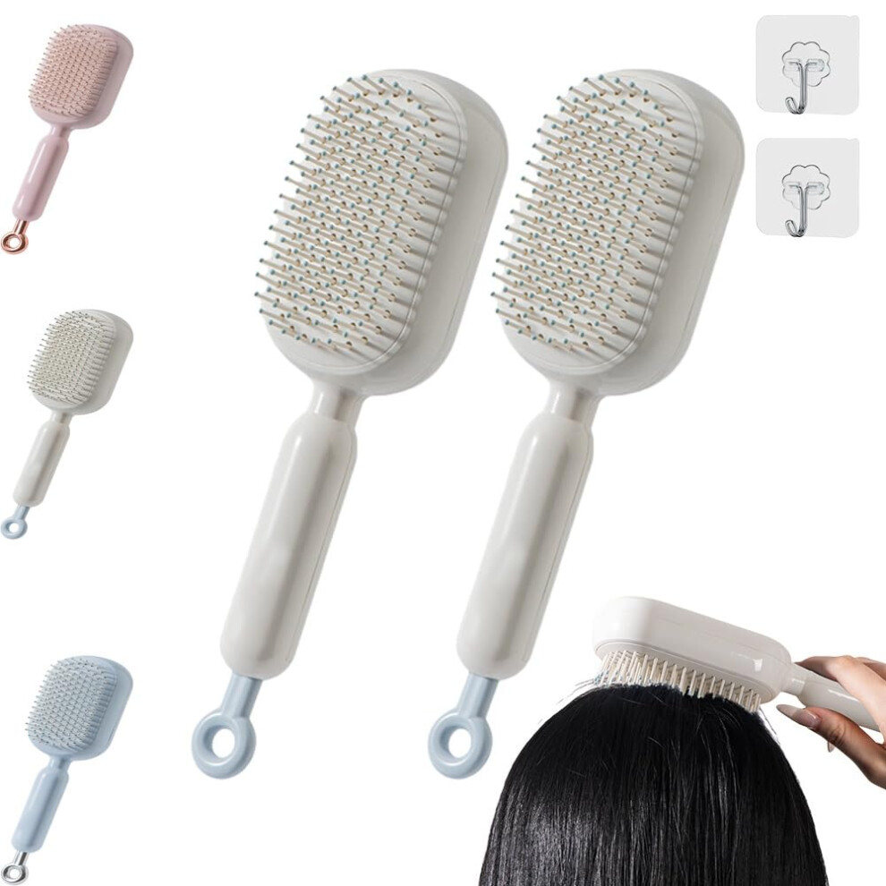 White Detangling Hair Brush With Retractable Bristles, Selfcleaning Cushion, Antistatic For Thick Hair, 2Pcs