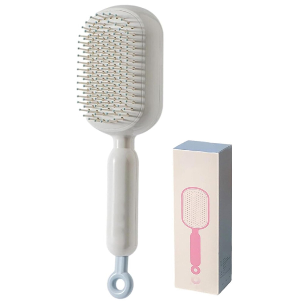 Self Cleaning Retractable Cushion Hair Brush with Anti Static Bristles for Gentle Scalp Massage (White)