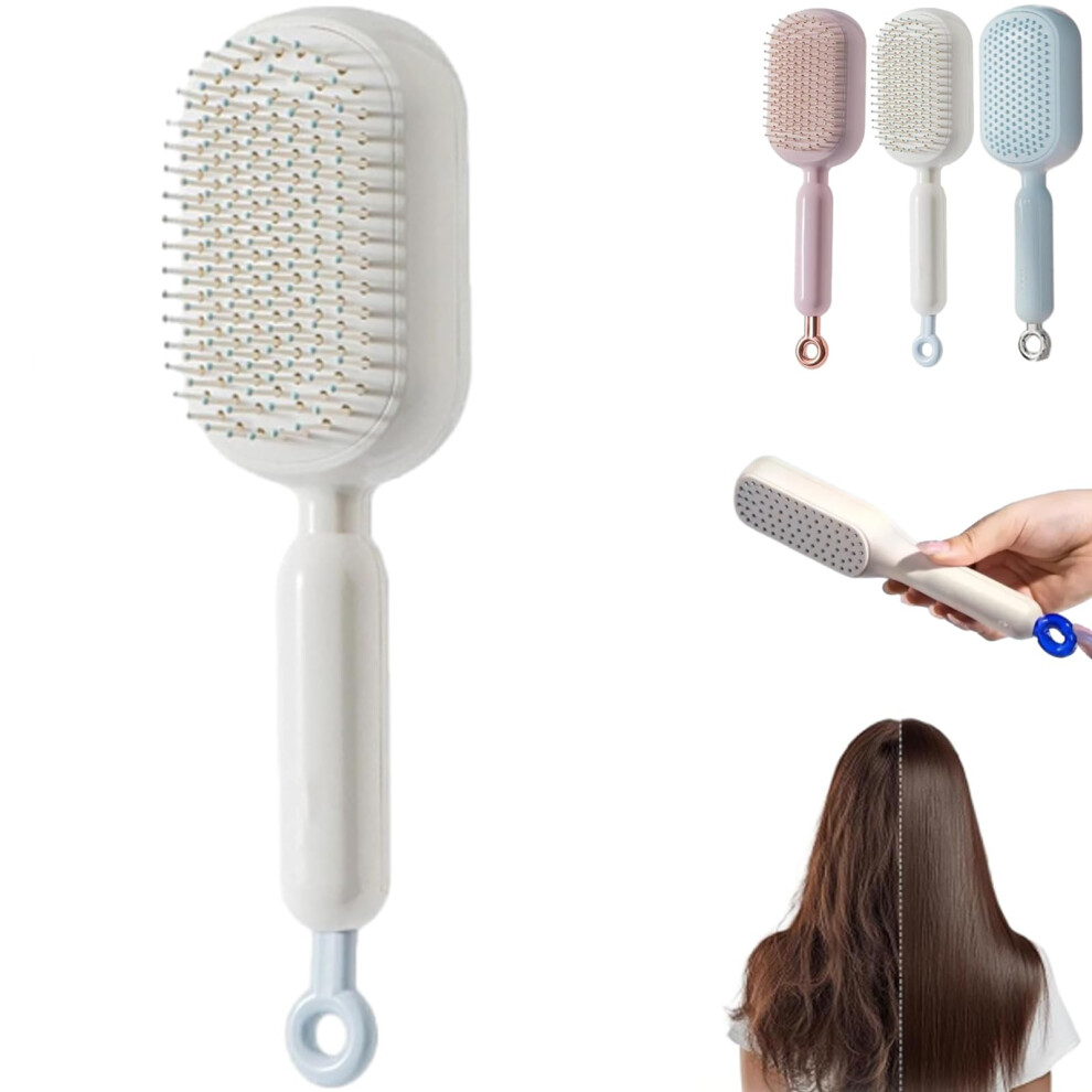 Retractable Hair Brush with Self Cleaning Bristles, Anti Static Scalp Massage Comb White
