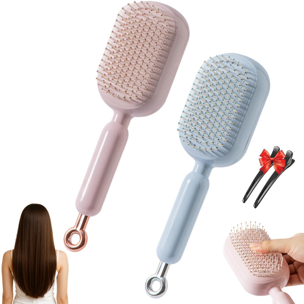 Pink/Blue Self Cleaning Detangling Hair Brush With Retractable Cushion For Gentle Scalp Massage, And