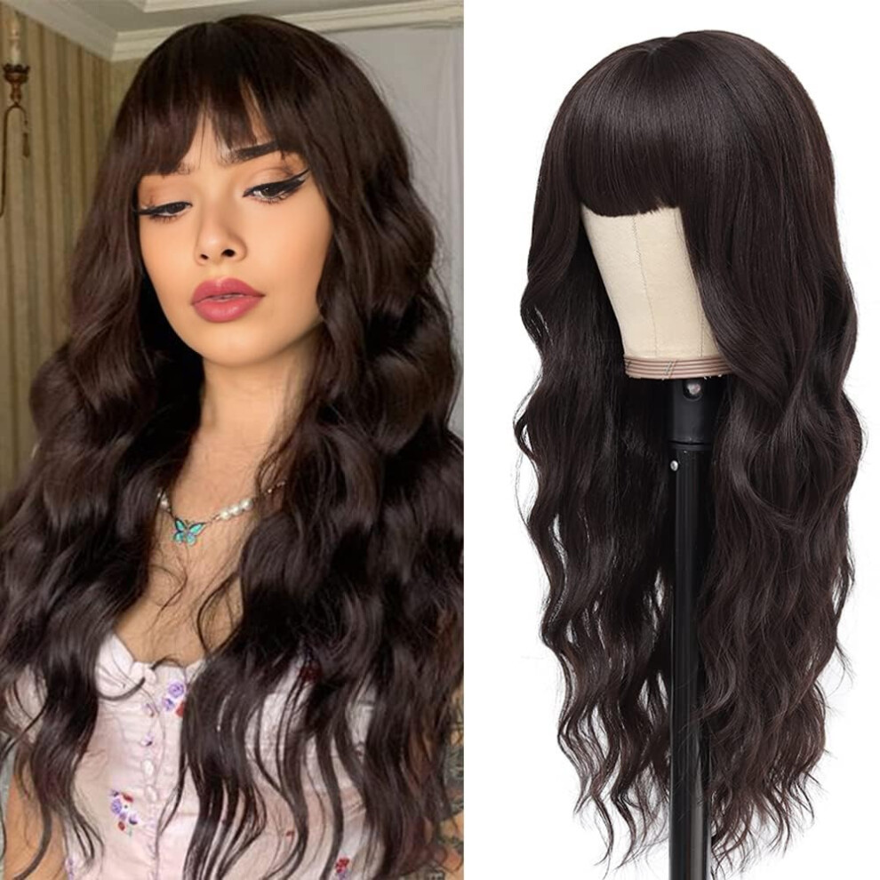 Unisex Brown 26 Inch Long Wavy Human Hair Wig With Bangs For Women, Natural Curly, Glueless Lightweight