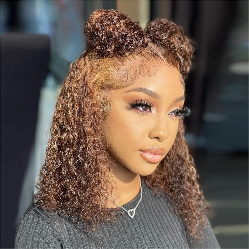 Unisex 16 Inch Ombre Honey Blonde Curly Bob Human Hair Lace Front Wig 13X4 Hd 200 Density Natural Hairline