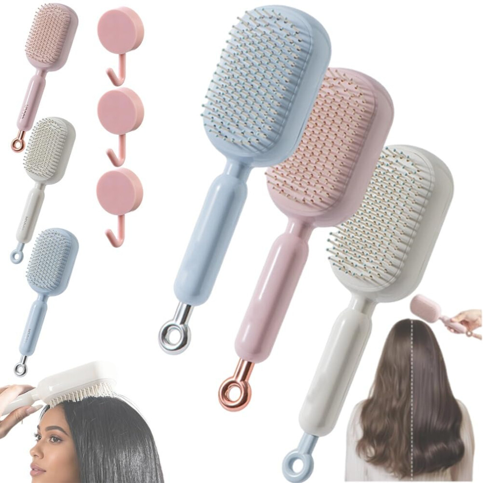 Detangling Hair Brush Set with Self Cleaning Retractable Bristles, Scalp Massage, Anti Static, 3PCS