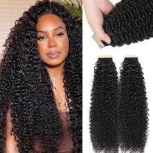 Kinky Curly Tape In Hair Extensions 16 Inch Afro Human Hair Invisible Wefts Natural Texture Reusable