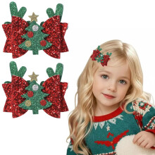 2Pcs Christmas Hair Clips with Festive Glitter Tree and Red Bow Barrettes for Holiday Party