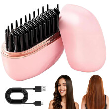 Cordless Hair Straightener Brush, USB Rechargeable 2 in 1 Fast Heating with Anti Scald Shell, Pink