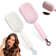 Self Cleaning Detangling Hair Brush with Retractable Cushion Massage Bristles for All Hair Types Pink White